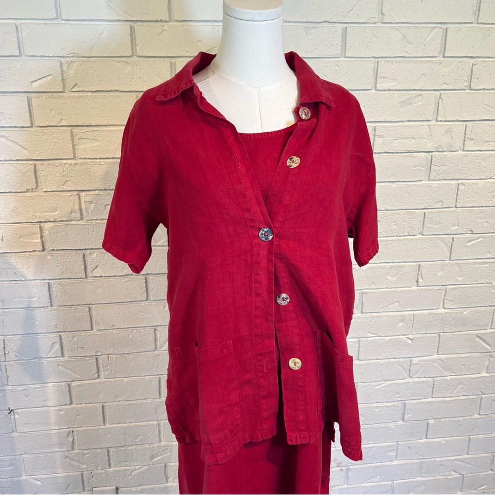 Vintage 90s y2k Donna Red 100% Linen Shirt and Dress Set Womens S - Picture 2 of 13
